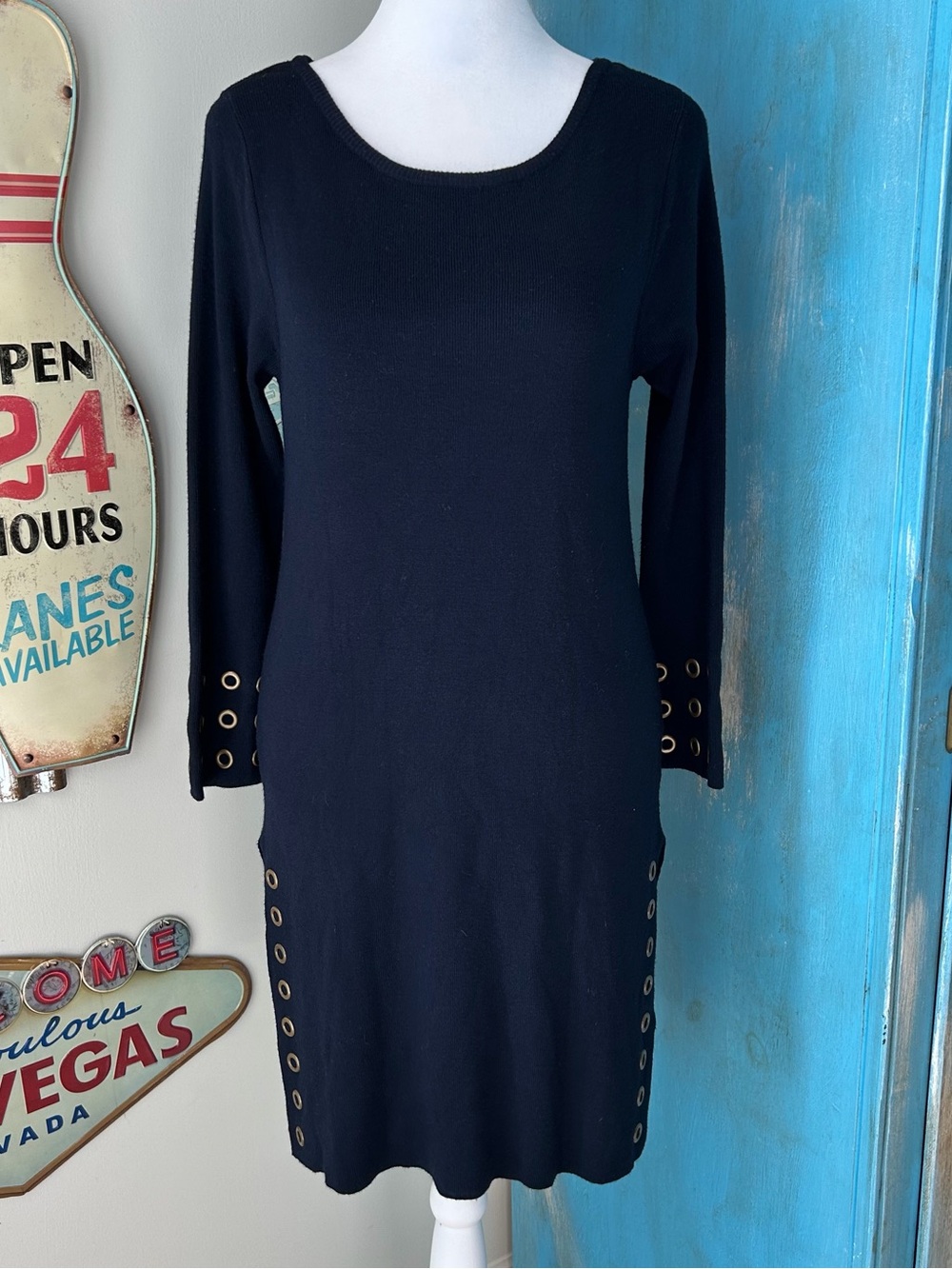 Joseph A Navy Long Tunic Sweater Top with Grommet Details and Side Slits